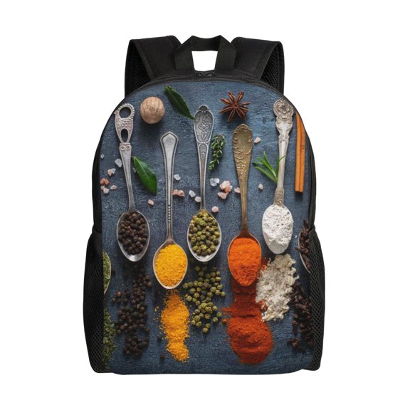 Xecao Various Herbs And Spices In Spoons Print School Backpack with Laptop Compartment Small Travel Laptop Backpack for Women Men Waterproof College Backpack Simple School Bag