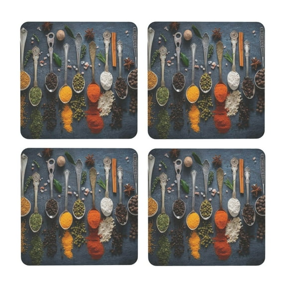 Xecao Various Herbs And Spices In Spoons for MDF Cork Coaster 4 Pcs,Drink Coasters,Suit for House Warming Gifts New Home ,Coffee Table Decor-Square