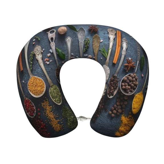 Xecao Various Herbs And Spices In Spoons Print Memory Foam Cervical Neck Pillow Versatile U-Shaped Pillows for Home,Office,Camping,Travelling,Soft Washable Cover