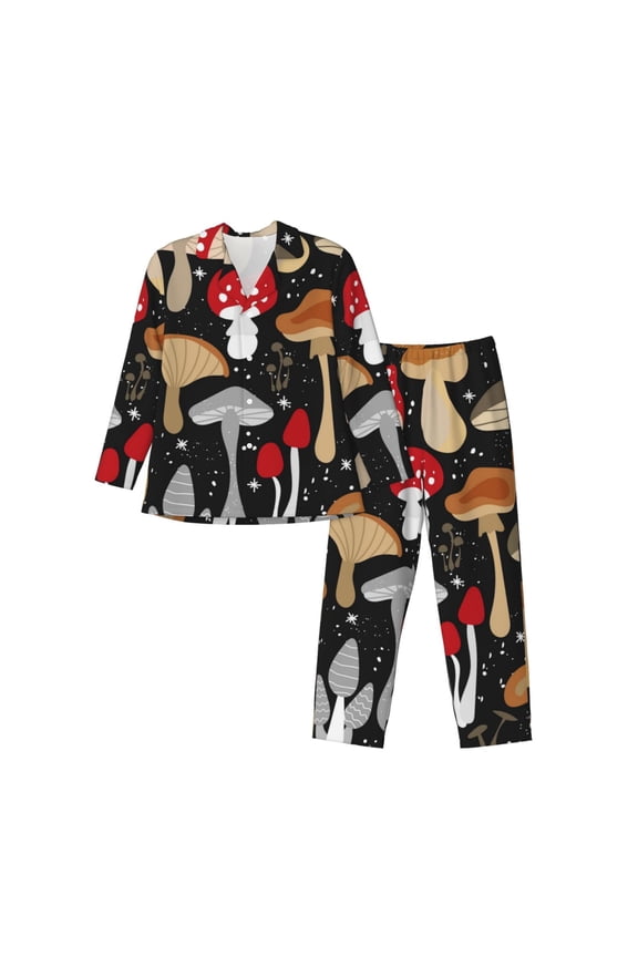 Various Mushrooms Print Pajamas Set Mens Pajamas Long Sleeve Loungewear Two-Piece Sleepwear Button-Down Pjs Set,2PJS-XX-Large