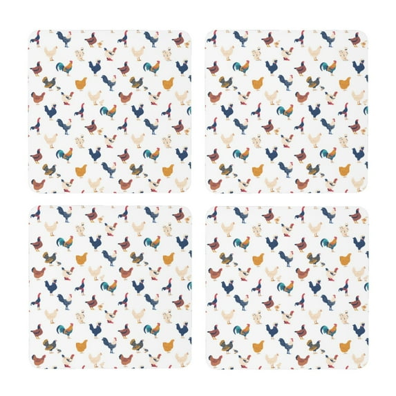 Xecao Various Rooster for MDF Cork Coaster 4 Pcs,Drink Coasters,Suit for House Warming Gifts New Home ,Coffee Table Decor-Square
