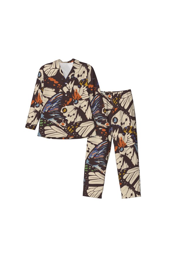 Vector Butterflies Print Pajamas Set Mens Pajamas Long Sleeve Loungewear Two-Piece Sleepwear Button-Down Pjs Set,2PJS-Large