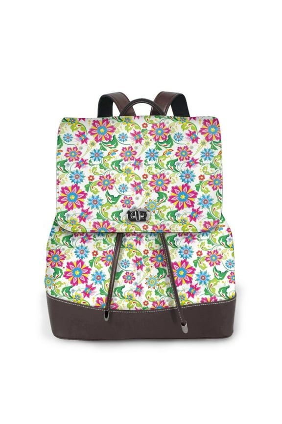 Vector Mexican Otomi Style Bright Print Large Backpack Soft Leather for Women Travel with Compartment, Adjustable Convertible Strap