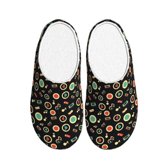 Xecao Vector Retro Music Print Cotton Slippers Fuzzy Warm Cozy Slippers Non Slip House Slippers For Indoor Outdoor Cotton Slippers House Slippers-46/47