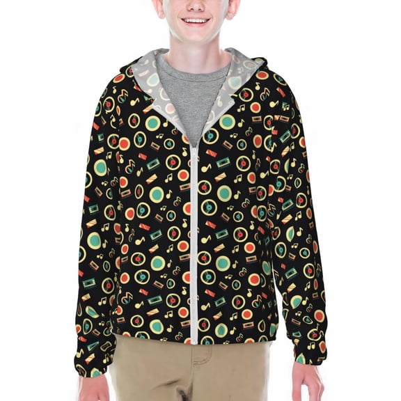 Xecao Vector Retro Music Print Fishing Shirts for teenager Long Sleeve UV Sun Protection Hoodie with Zipper Outdoor Hiking Shirts-Medium