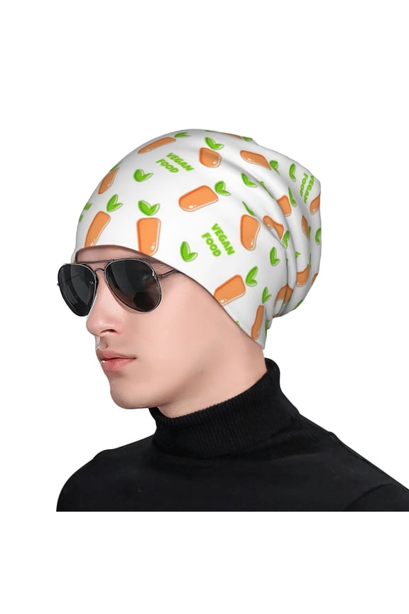 Vegan Fruit Carrot Print Beanie Knitted Hat for Men Women, Winter Fashion Knit Cuffed Caps Unisex