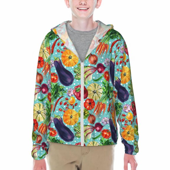 Xecao Vegetable (2) Print Fishing Shirts for teenager Long Sleeve UV Sun Protection Hoodie with Zipper Outdoor Hiking Shirts-Small
