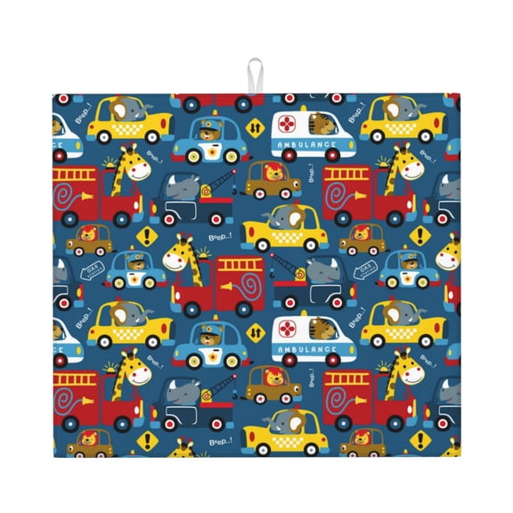 Xecao Vehicles Cartoon with Funny Drivers,Animal Drivers Print Dish Drying Mat for Kitchen Counter,Absorbent Coffee Bar Mat, Dish Drainer Rack Mats,Dining Room Decoration
