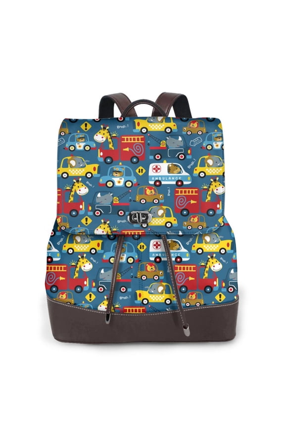 Vehicles Cartoon with Funny Drivers,Animal Drivers Print Large Backpack Soft Leather for Women Travel with Compartment, Adjustable Convertible Strap