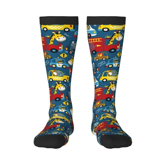 Xecao Vehicles Cartoon with Funny Drivers print thigh-high socks, crafted for both men and women with a stretchy, high-opaque design perfect for daily wear