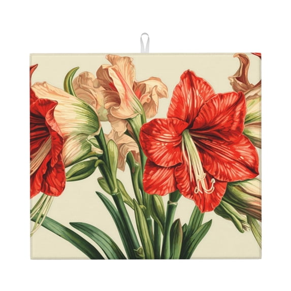 Xecao Vibrant Amaryllis Flowers Print Dish Drying Mat for Kitchen Counter,Absorbent Coffee Bar Mat, Dish Drainer Rack Mats,Dining Room Decoration