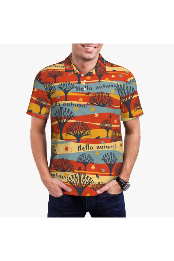 Vibrant Autumn Forest Hues Mens' Casual Short Sleeve Button-Down Polo Shirts for a Classic Golf Shirts-Medium