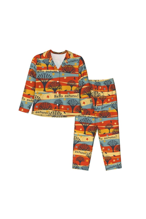 Vibrant Autumn Forest Hues Print Women Pajamas Set Soft Sleepwear Pjs long Sleeve Button Down Nightwear with Long Pants