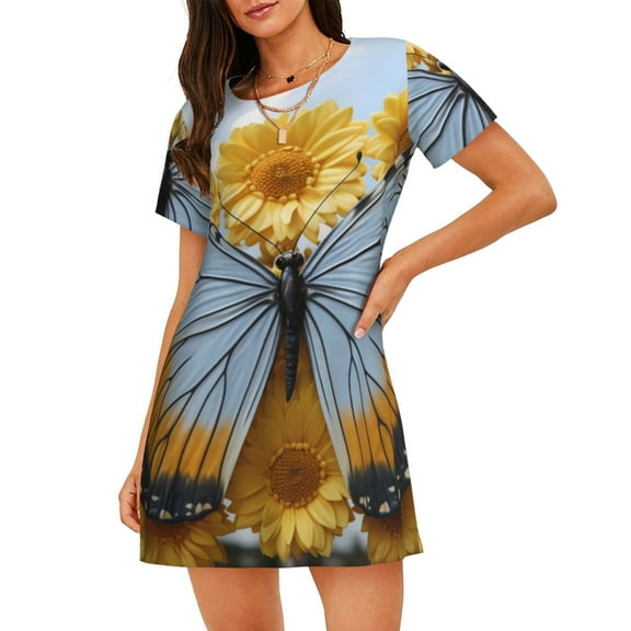Xecao Vibrant Butterfly And Sunflowers for Women's Loose Nightgown Sleepwear Short Sleeves Shirt Casual Print Sleepdress