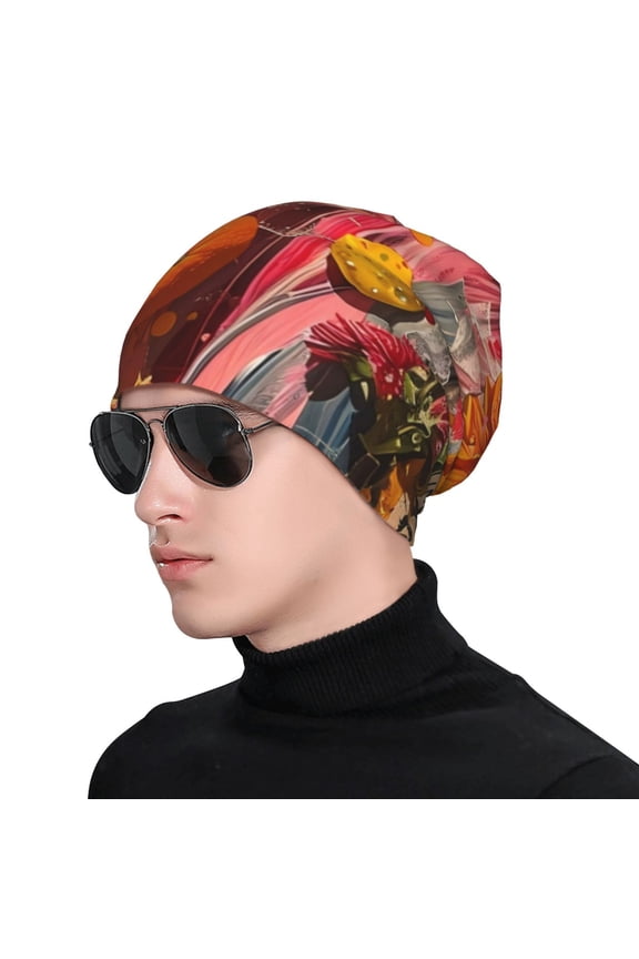 Vibrant Floral Collage Portrait Print Beanie Knitted Hat for Men Women, Winter Fashion Knit Cuffed Caps Unisex