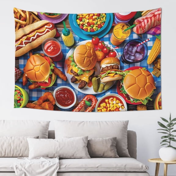 Xecao Vibrant Picnic Food Spread Print Tapestry, Wall Hanging Room Funny Decor, Backdrop Room Decor for Bedroom Living Room dormitory