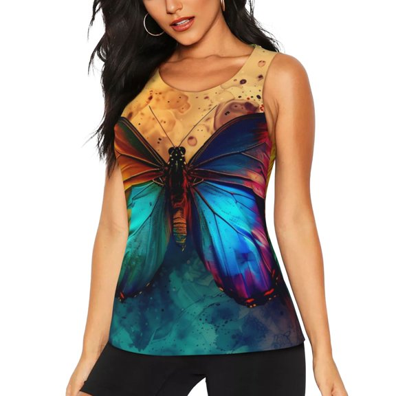 Xecao Vibrant Rainbow Butterfly A Print Women's Scoop Neck, Loose-Fit Workout Tank Tops for The Gym,Sleeveless T-shirt-