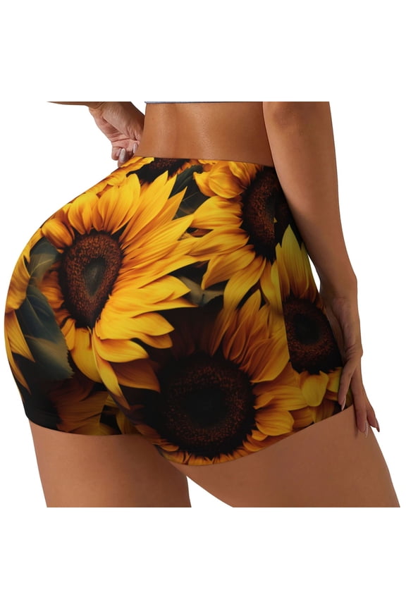 Vibrant Sunflower Blooms Print Workout Shorts for Women Soft Smooth Gym Yoga Scrunch Active Tennis Workout Running Shorts-X-Large
