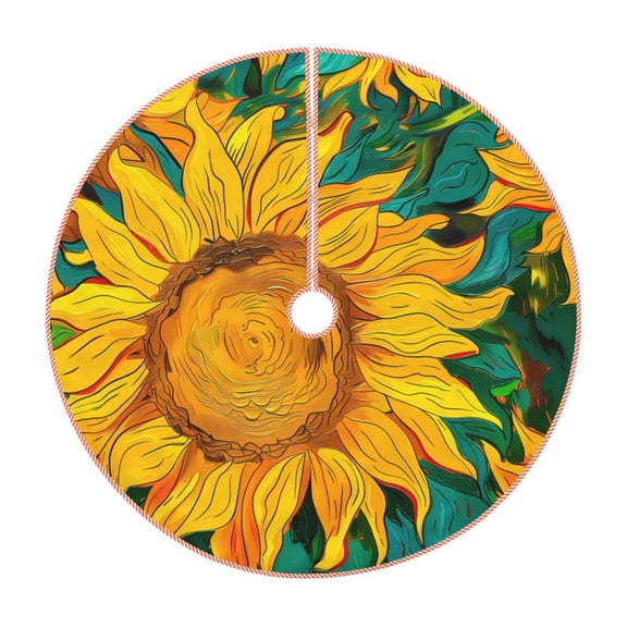 Xecao Vibrant Sunflower Painting Pattern Christmas Tree Skirt Round Xmas Tree Mat Base Cover for Holiday Home Decorations-30"