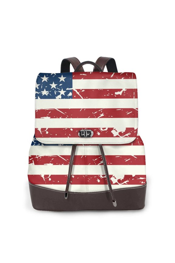 Vintage American Flag Print Large Backpack Soft Leather for Women Travel with Compartment, Adjustable Convertible Strap