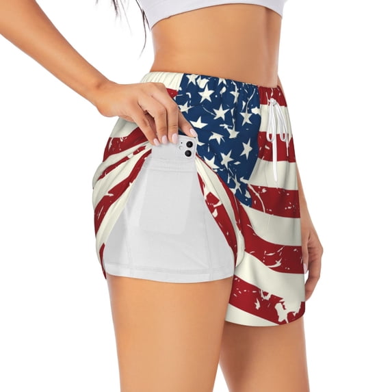 Xecao Vintage American Flag for Double-layer Running Short for Women, Perfect for Gym, Tennis, and More, Featuring a Convenient Pocket-XX-Large