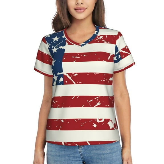 Xecao Vintage American Flag for Women's V-Neck T-Shirts-Elegant Half-Sleeve Tops Perfect for Summer-Small