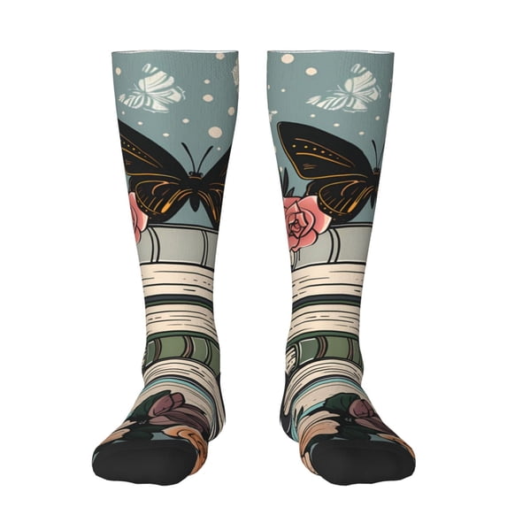 Xecao Vintage Art Butterfly Flower print thigh-high socks, crafted for both men and women with a stretchy, high-opaque design perfect for daily wear