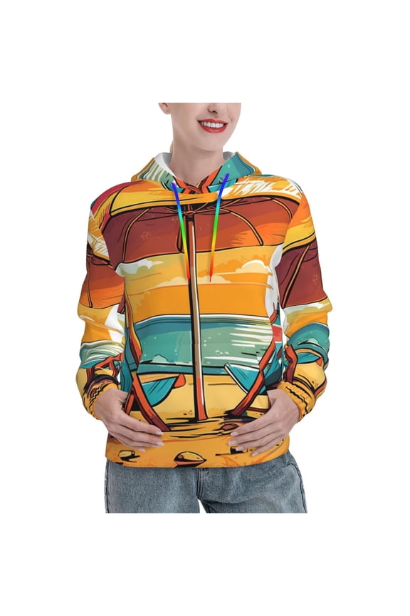 Vintage Beach Sunset Pattern Hoodies for Women Sweatshirts Long Sleeve Sweatshirts Pullover Outfits with Pocket-Medium