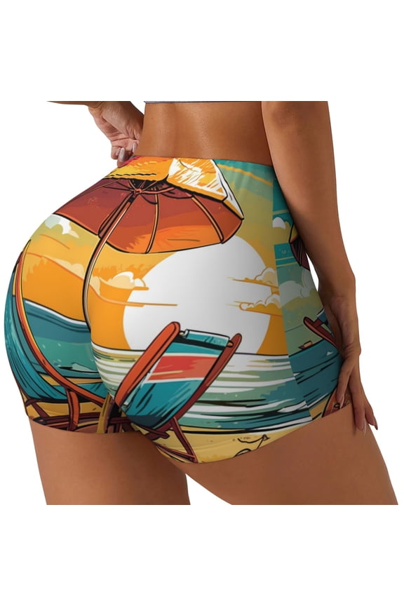 Vintage Beach Sunset Print Workout Shorts for Women Soft Smooth Gym Yoga Scrunch Active Tennis Workout Running Shorts-Small