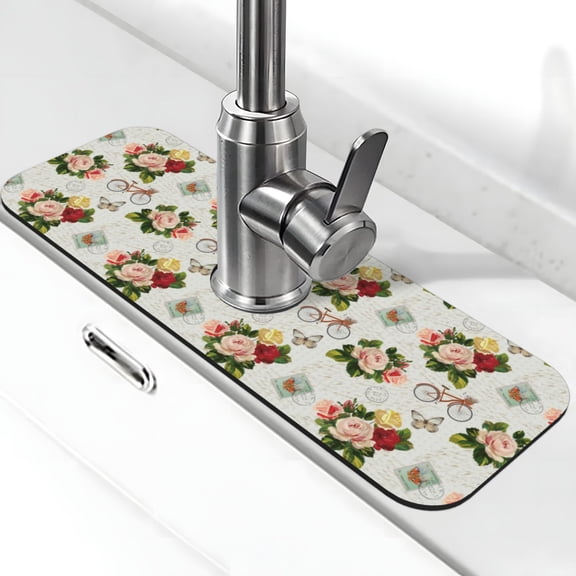 Xecao Vintage Bike Flower Butterfly for Kitchen Sink Splash Guard Faucet Mat , Faucet Guard & Draining mat, (15" X 5.5" )