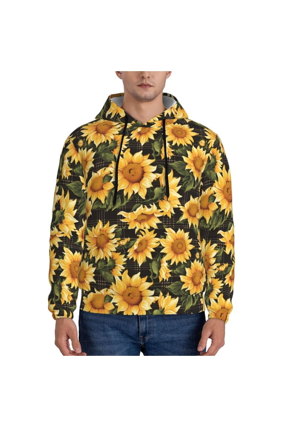 Vintage Black Plaid Sunflower Pattern Men's Adult Pullover Hoodie,Hooded Sweatshirt-Small