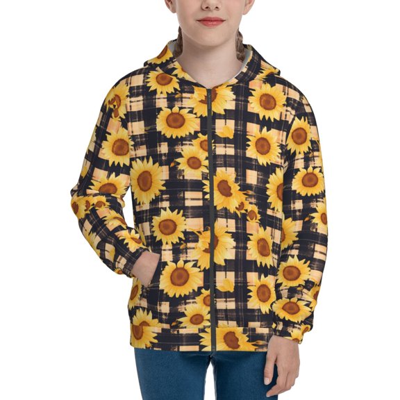 Xecao Vintage Black White Plaid Sunflowe Pattern Zip Up Hoodies for Boys Girls, Sweatshirt with Pockets-Small