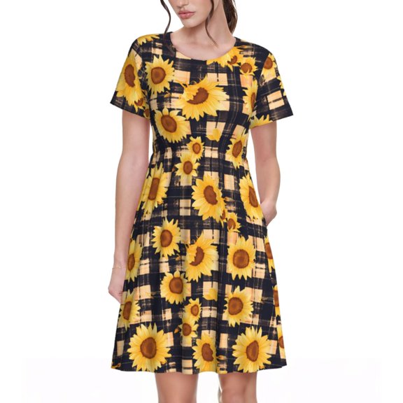 Xecao Vintage Black White Plaid Sunflowe for Women Summer Short Sleeve Midi Dress with Pockets Casual Aline Flowy Tshirt Dress Vocation Beach Sundress