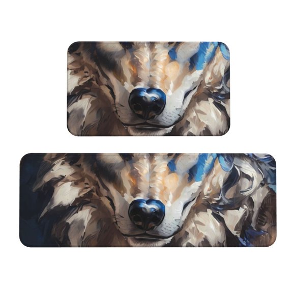 Xecao Vintage Blue Floral Wolf Patten Kitchen Rugs and Mats Sets,2 Pieces Non-Slip Washable Rugs, Kitchen Mat for Floor,Suit for Kitchen Decor and Accessories