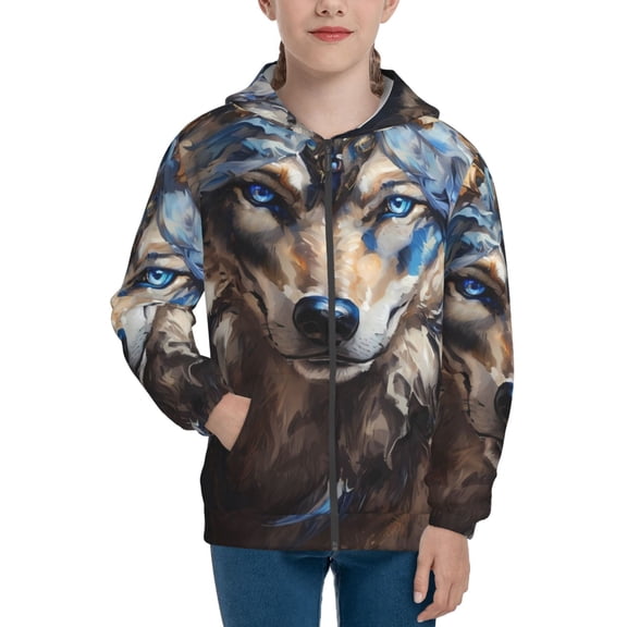 Xecao Vintage Blue Floral Wolf Pattern Zip Up Hoodies for Boys Girls, Sweatshirt with Pockets-Small