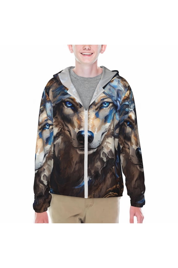 Vintage Blue Floral Wolf Print Fishing Shirts for teenager Long Sleeve UV Sun Protection Hoodie with Zipper Outdoor Hiking Shirts-Small