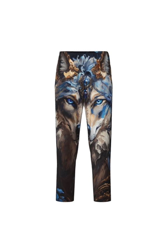 Vintage Blue Floral Wolf Print Teenagers' Pajama Pants Long Sleep Pants Soft Elastic Waist Pajama Bottoms Elastic waist with 2 Pockets 5-16 Years-Medium