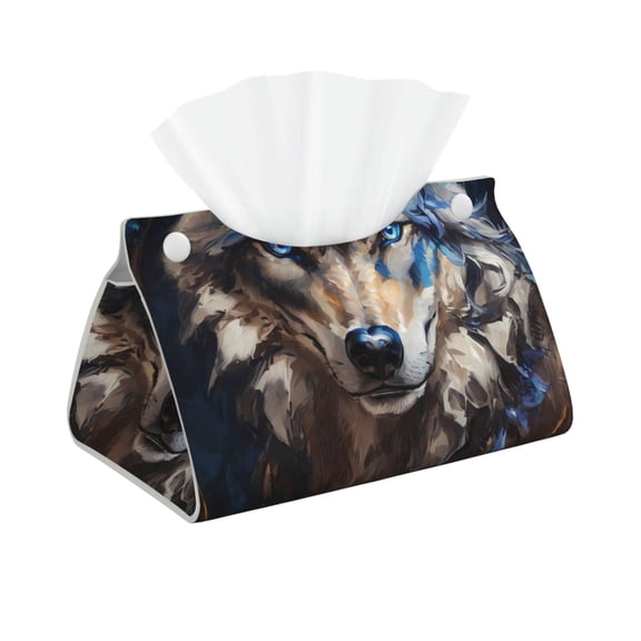 Xecao Vintage Blue Floral Wolf Print Tissue Box Cover,Modern PVC Leather Square Tissue Box Holder for Creative Decorative