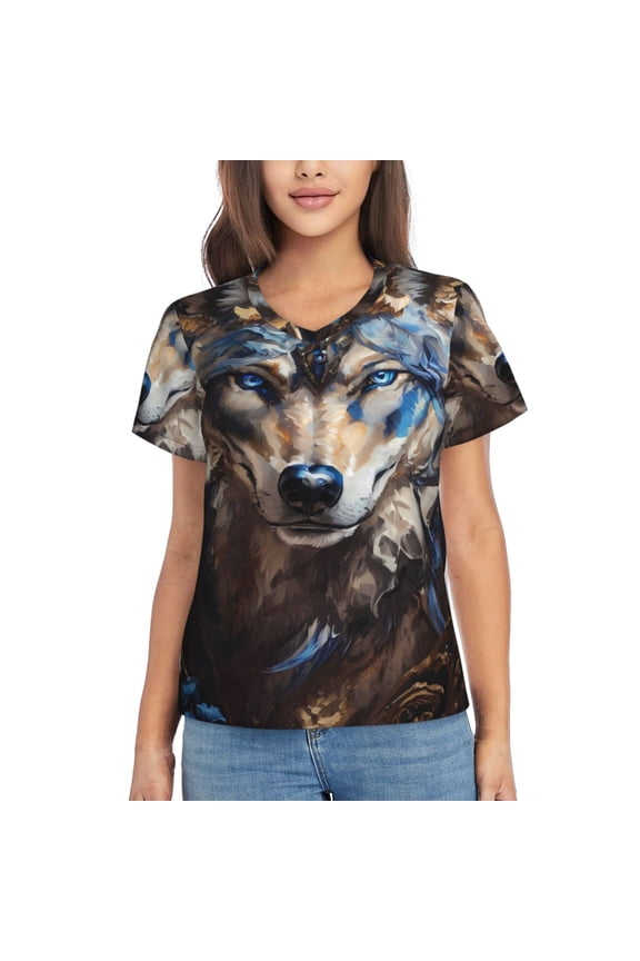 Vintage Blue Floral Wolf for Women's V-Neck T-Shirts-Elegant Half-Sleeve Tops Perfect for Summer-Small