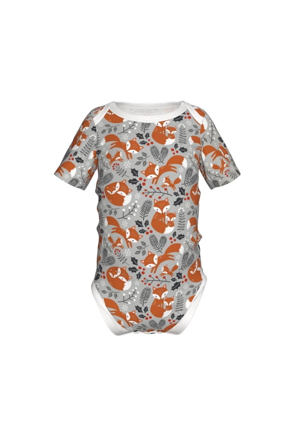 Vintage Blue Fox Family A Pattern Baby Climbing Bodysuit Short Sleeve Onesie Unisex 0-12 Months Baby Shirt Newborn Outfits Crotch snap design-