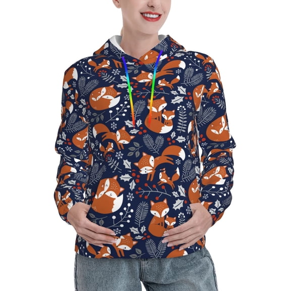 Xecao Vintage Blue Fox Family Pattern Hoodies for Women Sweatshirts Long Sleeve Sweatshirts Pullover Outfits with Pocket-Small