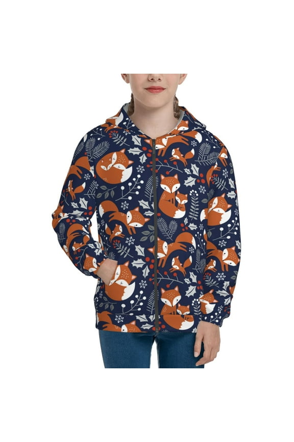 Vintage Blue Fox Family Pattern Zip Up Hoodies for Boys Girls, Sweatshirt with Pockets-Medium