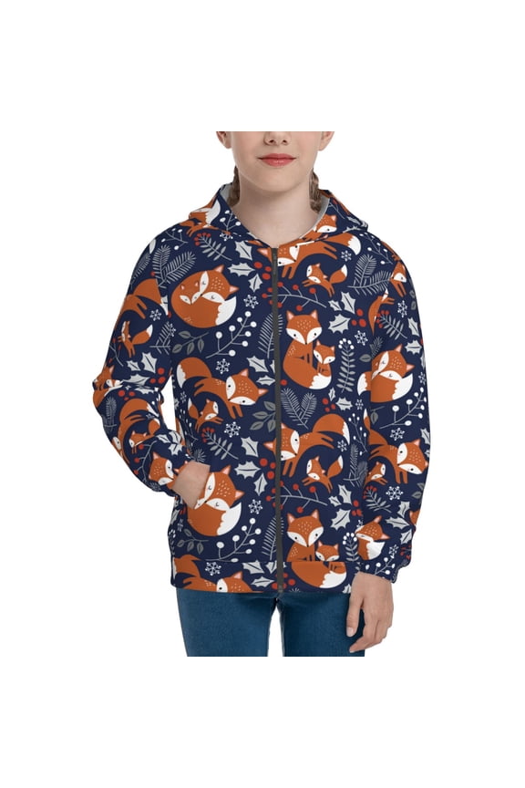 Vintage Blue Fox Family Pattern Zip Up Hoodies for Boys Girls, Sweatshirt with Pockets-Small