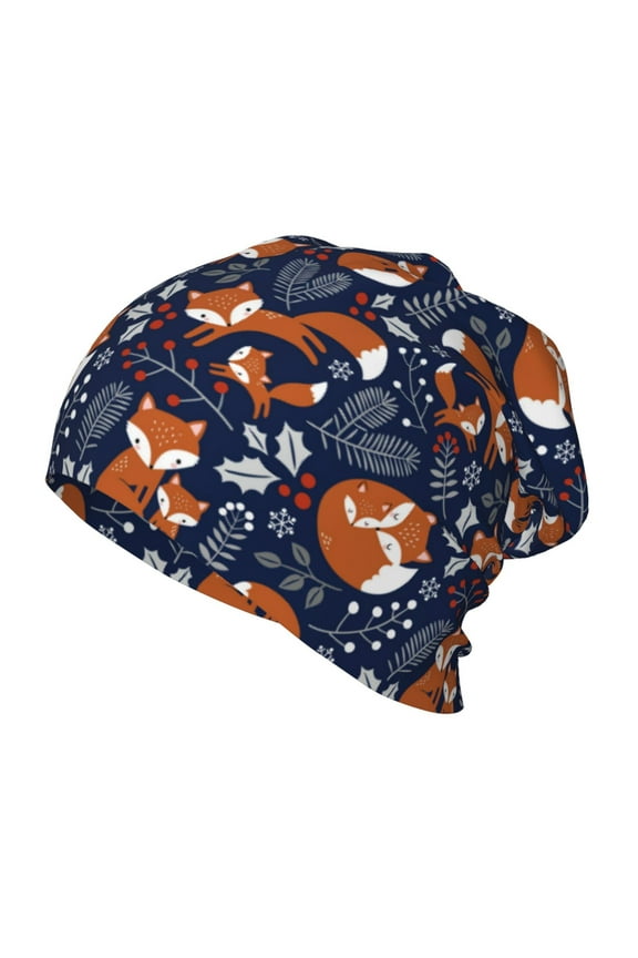 Vintage Blue Fox Family Print Beanie Hat Toddler Girls Boys, Baby Hats Winter Warm Knitted Thermal, Kids Winter Caps