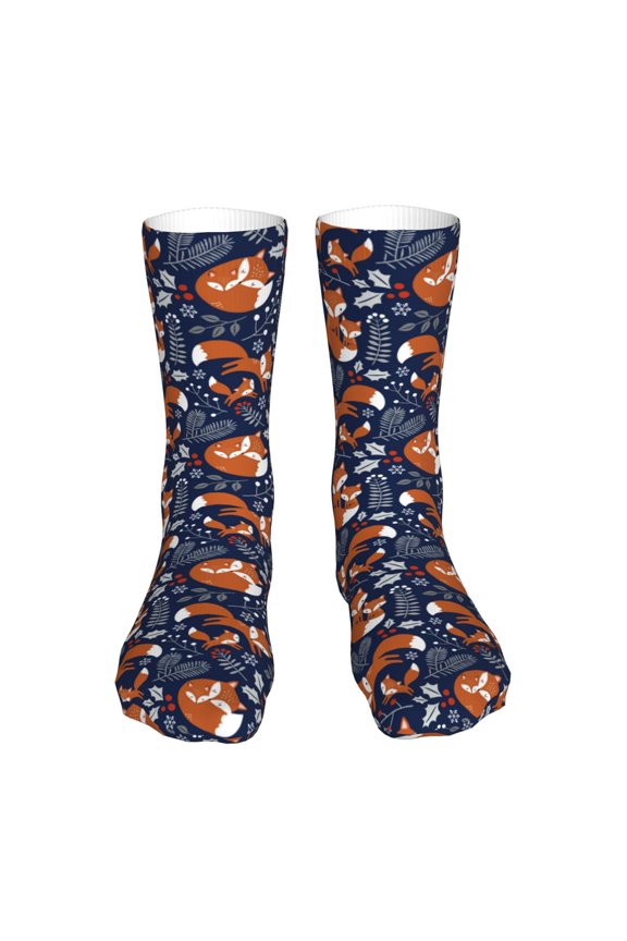 Vintage Blue Fox Family Print Fashion No Heel Casual Crew Socks Cushioned Breathable for Men Women - Moisture wicking,Not easy to fade Suitable for daily