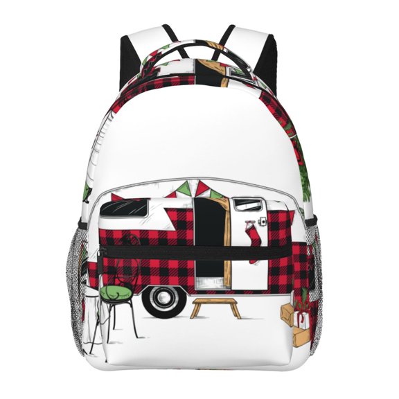 Xecao Vintage Buffalo Plaid Christmas Camper Backpack, a stylish and functional choice for both men and women, is the perfect basic bookbag for college, work, or travel