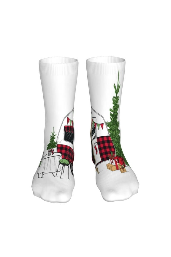 Vintage Buffalo Plaid Christmas Camper Print Fashion No Heel Casual Crew Socks Cushioned Breathable for Men Women - Moisture wicking,Not easy to fade Suitable for daily