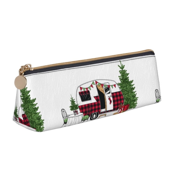 Xecao Vintage Buffalo Plaid Christmas Camper Print Leather Pencil Case -Stationery Bag Pen Holder for Work & Office
