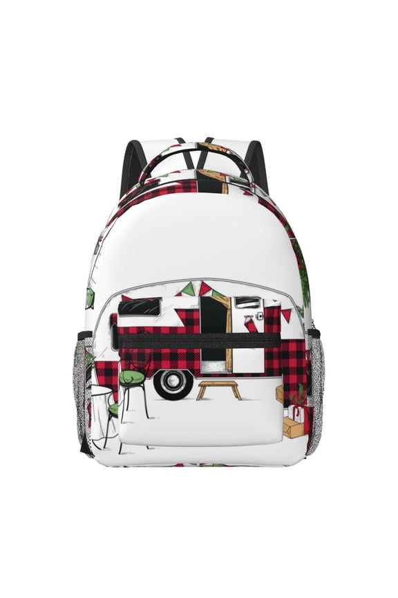Vintage Buffalo Plaid Christmas Camper Travel Backpack: A spacious, stylish computer backpack ideal for men and women, perfect for college, school, or daily travels