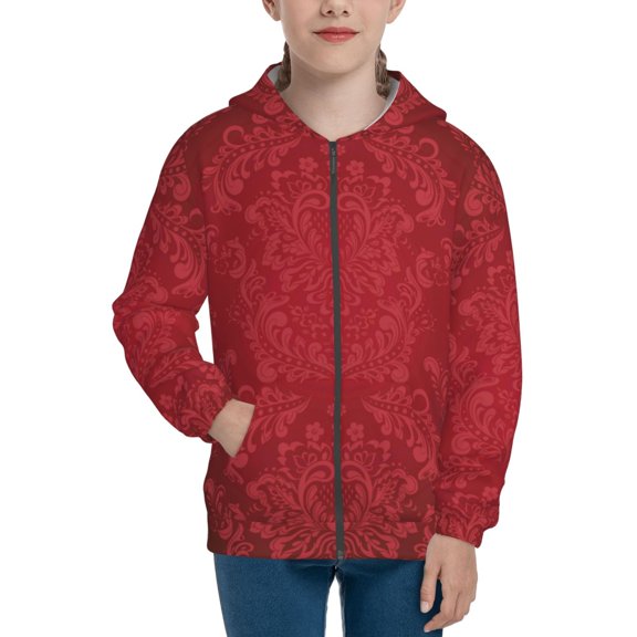 Xecao Vintage Burgundy Pattern Zip Up Hoodies for Boys Girls, Sweatshirt with Pockets-Small